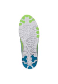 Shoe sole featuring a white base with hexagonal grip patterns, accented in neon green and blue at varying sections, textured for traction.