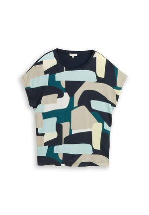 Koszula z krótkim rękawem z abstrakcyjnym geometrycznym wzorem w kolorach granatowym, kremowym, zielonkawoniebieskim i jasnoniebieskim, z okrągłym dekoltem.