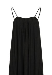 Un vestito nero senza maniche con sottili spalline regolabili e un colletto leggermente arricciato, che scende dritto.