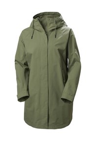 Αδιάβροχο μπουφάν μήκους μέχρι τη μέση σε ελιά πράσινο, με κουκούλα, κλείσιμο με φερμουάρ και κουμπιά, κ αι πλαϊνές τσέπες. Διαθέτει ρυθμιζόμενα κορδόνια και λείο υφή.