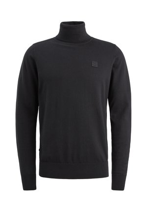 Sort turtleneck sweater med lange ærmer, en tætsiddende silhuet, ribbede manchetter og et lille struktureret logo-patch på brystet.