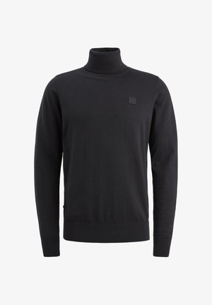 Crna turtleneck majica s dugim rukavima, prilagođenim siluetom, rebrastim manžetama i malom teksturiranom logotipom na prsima.