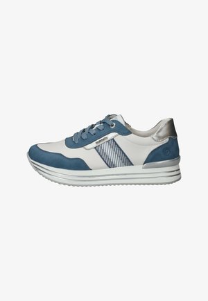 White and blue sneaker with striped side detail, blue laces, silver heel accent, and white sole featuring gray stripes.