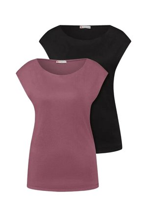 Zwei kurzärmelige Damenoberteile, eines in Mauve und eines in Schwarz, mit weiten Ausschnitten, von vorne gezeigt, keine Muster oder Logos sichtbar.
