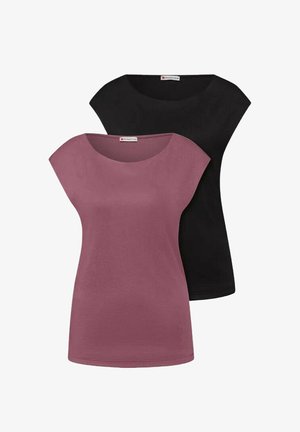 Zwei kurzärmelige Damenoberteile, eines in Mauve und eines in Schwarz, mit weiten Ausschnitten, von vorne gezeigt, keine Muster oder Logos sichtbar.