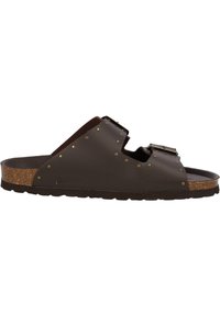 Brown leather slide sandal with cut-out design, metal accents, and cork footbed. Features a textured sole with a flat profile.