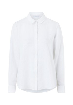 Chemise blanche à manches longues en lin, avec un devant à boutons, un col classique et des manches à poignet. Texture lisse avec une apparence légère.