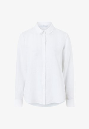 Hvid langærmet skjorte lavet af linned med knaplukning foran, klassisk krave og manchetter ved ærmerne. Glat tekstur med et let udseende.