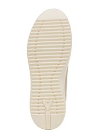 Beige Schuhsohle mit strukturiertem, geripptem Muster für besseren Halt. Ovaler Form mit leicht erhöhtem Absatz und einem Logo in der unteren Mitte.
