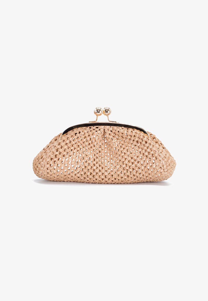 Spleciona różowa torebka kopertowa o zaokrąglonym kształcie, metalowy zamek z dwoma dekoracyjnymi kulkami oraz fakturowany wzór na powierzchni.