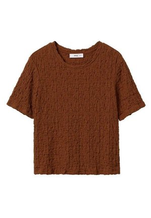 Brązowa, krótka, teksturowana bluzka z okrągłym dekoltem i lekko luźnym krojem.