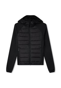 Czarna kurtka z zamkiem błyskawicznym, z pikowaną przednią częścią, miękkimi rękawami i kapturem. Posiada boczne kieszenie na zamek i smukły fason.