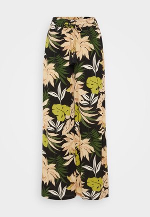 Wide-leg pants featuring a black base with a floral pattern in peach, cream, green, and white. Elastic waistband with drawstring and tassel detail.