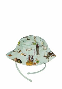 Ljusblå bucket hat med varierade illustrationer av människor, djur och mat. Justerbart hakband och mjuk tygkänsla.