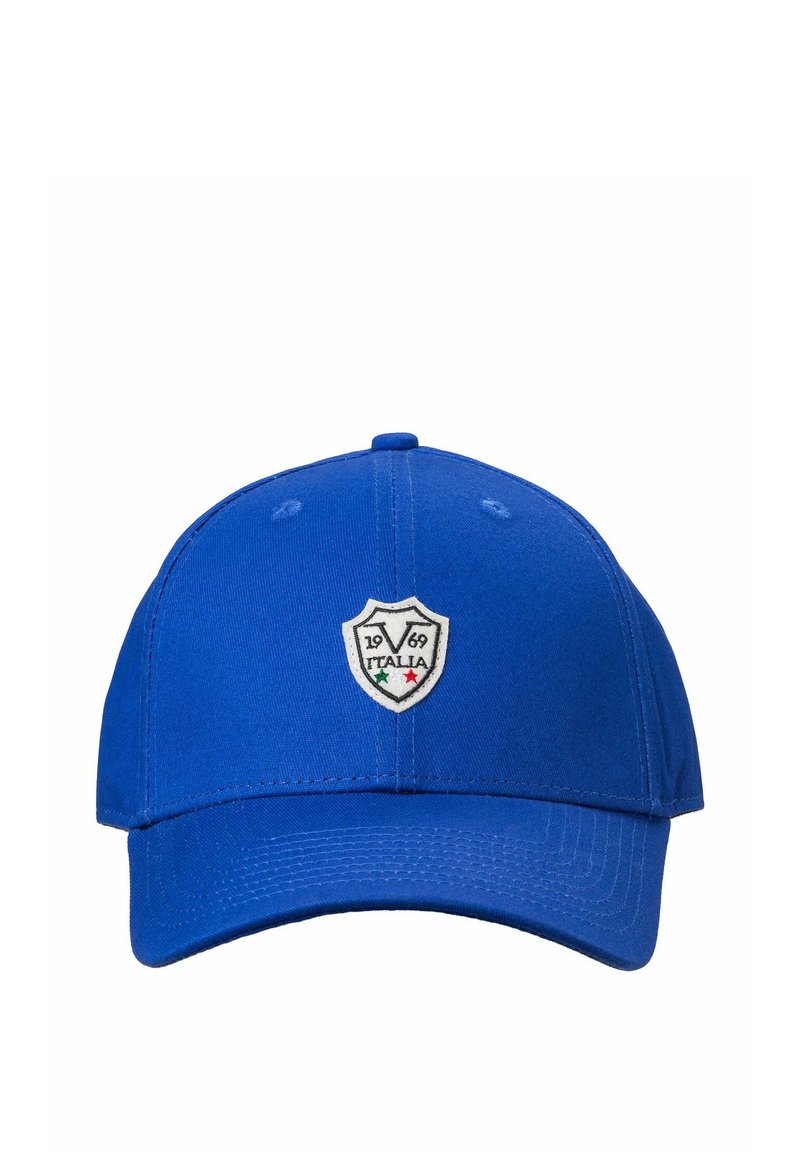 Blaue Baseballmütze aus Baumwolle mit einem gebogenen Schild. Mit einem gestickten Wappenlogo, das "ITALIA" und das Datum "1969" in Schwarz, Grün und Rot zeigt.