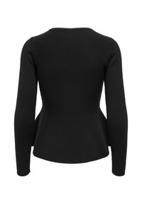 Haut noir ajusté à manches longues avec un col rond, taille légèrement évasée, présenté de dos sur un fond blanc.