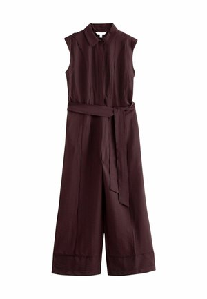 Mouwloze bordeauxrode jumpsuit met een kraag, een ceintuur in de taille, brede benen en een gladde stof. Heeft een knoopsluiting aan de voorkant en minimale stikselaccenten.