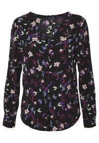Blouse noire à manches longues avec un design floral comportant des fleurs blanches, roses et bleues. Tissu doux avec un col et une fermeture à boutons sur le devant.