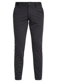 Czarne, dopasowane spodnie w gładkim, elastycznym materiale. Zapięcie na guzik i szlufki na pasek, dopasowane w stylu slim fit, bez widocznych kieszeni.