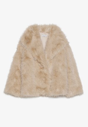Manteau en fausse fourrure de couleur beige clair avec une texture douce, un large col et un design à devant ouvert. Présente une doublure intérieure lisse.
