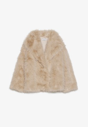 Faux fur coat in light beige with a soft texture, wide collar, and open front design. Features a smooth inner lining.