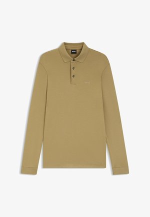 Long-sleeve polo shirt in khaki, made of soft fabric. Features a collar, three button placket, and a small embroidered logo.