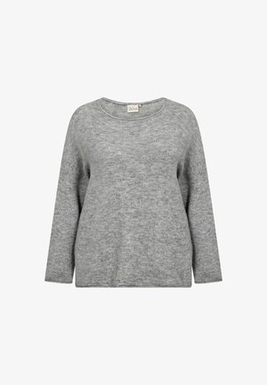 Sivi pleteni pulover s opuštenim krojem, dugim rukavima i širokim okruglim izrezom. Mekana tekstura s suptilnim melange uzorkom.