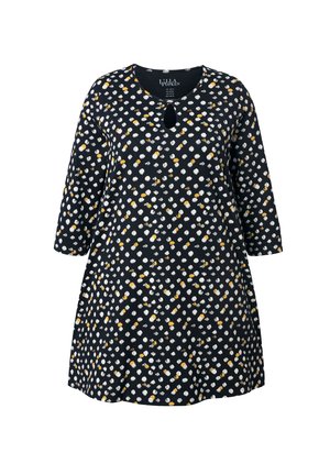 Zwarte jurk met een bloemenpatroon in witte en gele accenten, een ronde halslijn en 3/4 mouwen, gemaakt van een zachte stof.