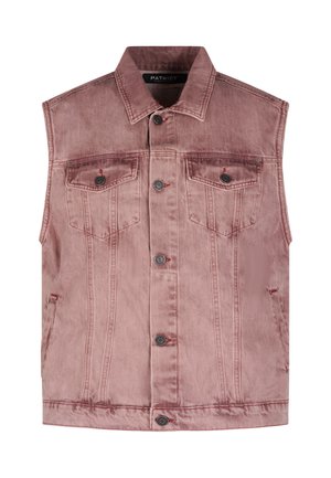 Ärmellose pinke Denim-Weste mit Knopfleiste, zwei Brustklappentaschen mit Knöpfen und seitlichen Eingrifftaschen.