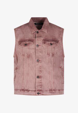 Chaleco de mezclilla rosa sin mangas con cierre de botones en el frente, dos bolsillos en el pecho con solapa y botones, y bolsillos laterales de ojal.