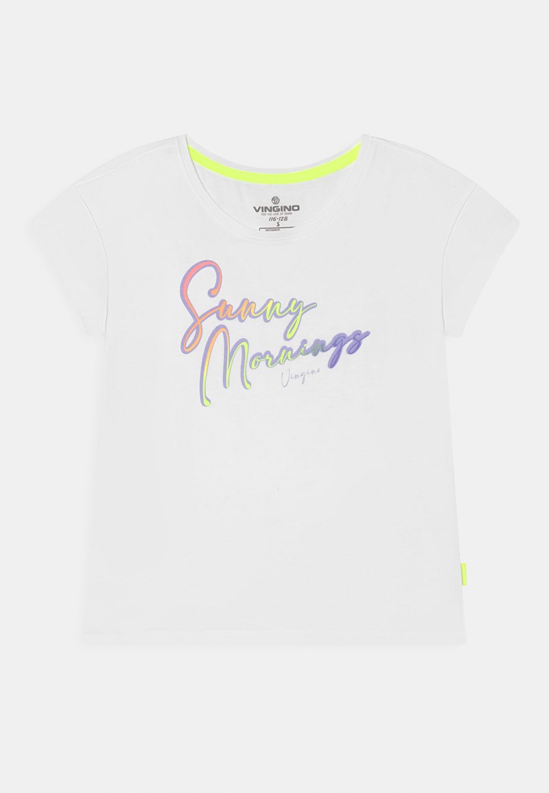 T-shirt branca de manga curta com um decote redondo. Apresenta texto multicolorido "Manhãs Ensolaradas" e um detalhe em verde néon na bainha.