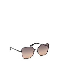 Black metal sunglasses with an angular shape and gradient lenses transitioning from dark to light brown. Textured ear tips and nose pads included.