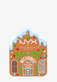 Ansigtspalette formet som et peberkagehus med brune, hvide og farverige accenter. Indeholder to shimmer nuancer og dekorative detaljer.
