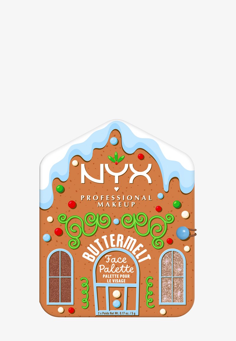 Ansigtspalette formet som et peberkagehus med brune, hvide og farverige accenter. Indeholder to shimmer nuancer og dekorative detaljer.