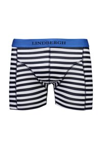 Black and white horizontal striped men's boxer briefs with a blue waistband featuring the black "LINDBERGH" logo.