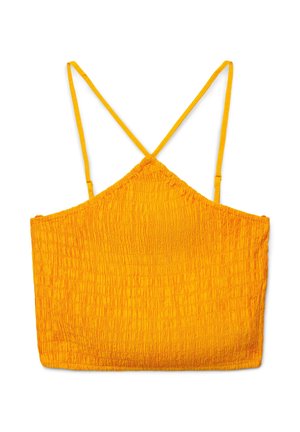 Haut court jaune texturé avec bretelles fines réglables et motif de tissu froncé, présenté à plat sur un fond blanc.