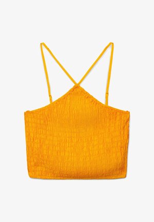 Haut court jaune texturé avec bretelles fines réglables et motif de tissu froncé, présenté à plat sur un fond blanc.