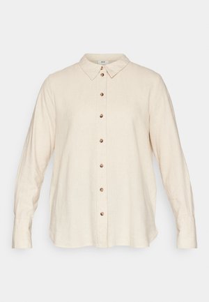 Cream-colored linen shirt with a button-down front, featuring a classic collar and long sleeves, accented with bronze buttons.