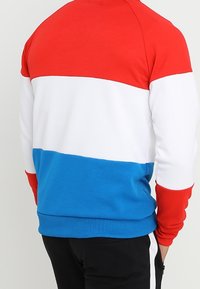 Uomo che indossa un felpa a blocchi di colore con strisce orizzontali rosse, bianche e blu, abbinata a pantaloni neri con una striscia laterale bianca.