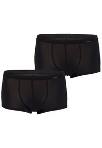 Schwarze Baumwoll-Shorts in figurbetontem Design mit gerippter Textur, ausgestattet mit einem glatten Bund und einer doppellagigen Vorderseite für Halt. Zwei Stück enthalten.