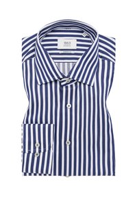 Blauw-wit gestreepte shirt met een moderne fit, voorzien van een klassieke kraag, knoopsluiting en een borstzakje aan de linkerkant met knoopdetail.