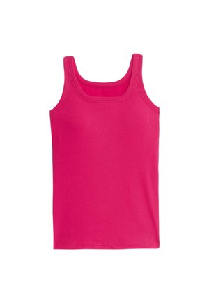Top sin mangas ajustado hecho de algodón elástico, color rosa brillante sólido, escote redondeado y tirantes estrechos. Suave textura de canalé.