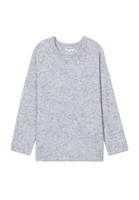 Maglione grigio chiaro in un morbido e Texturizzato, con collo rotondo e maniche lunghe, decorato con sottili motivi blu a pois.