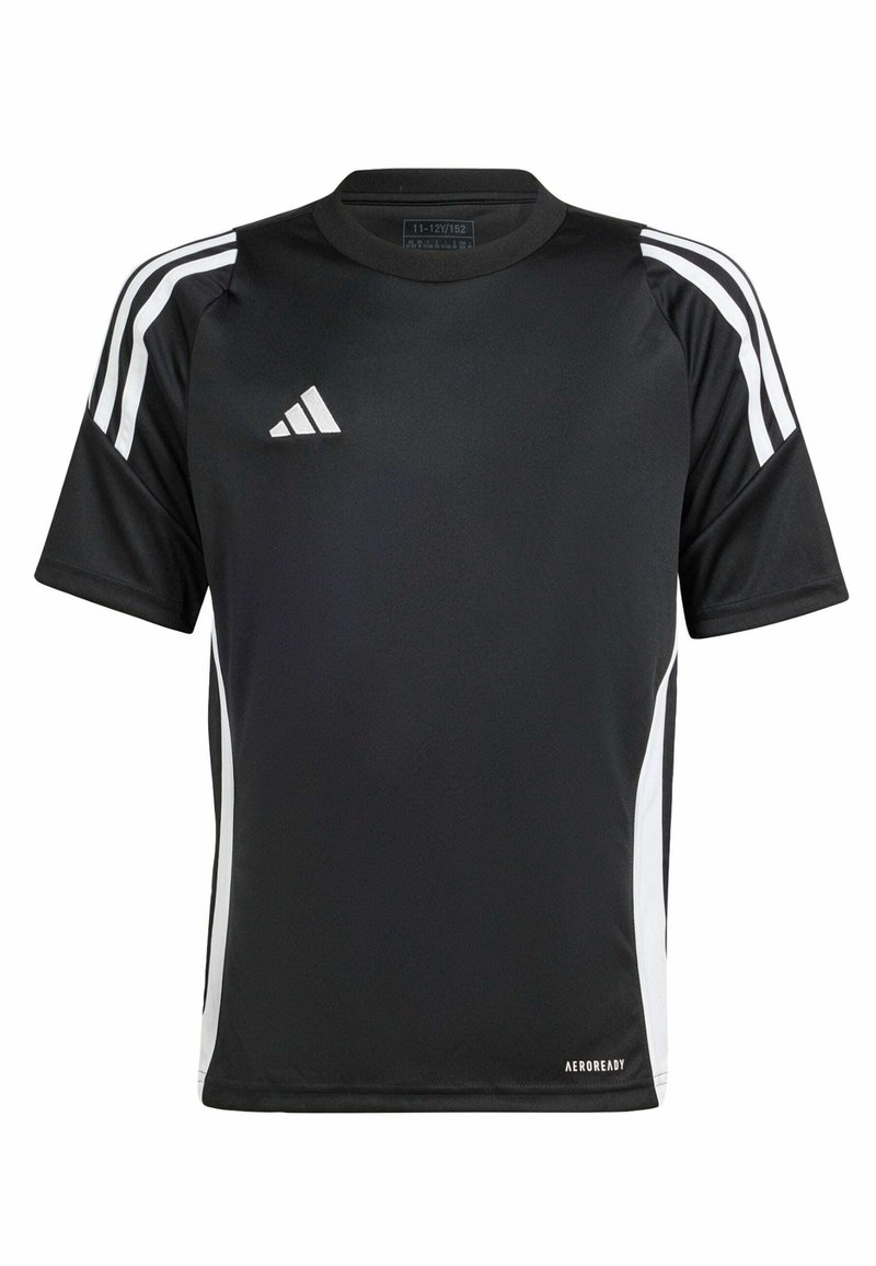 Black athletic jersey with short sleeves, made of smooth fabric, features white horizontal stripes on sleeves and an embroidered logo.