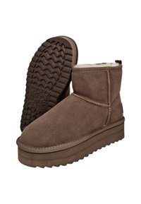 Stivaletti in suede marrone con interno peluche, caratterizzati da una suola spessa in gomma texturizzata e cuciture a contrasto lungo i bordi.