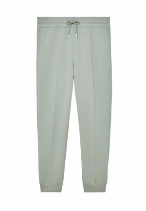 Világosszürke melegítőnadrág elasztikus derékpánttal, húzózsinóros záródással, oldalzsebekkel és szegélyezett szárvégekkel. Puha, sima anyagból készült.