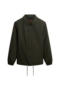 Jasnozielona kurtka wykonana z lekkiego materiału, z zapięciem na guziki, kołnierzem, elastycznymi mankietami i bocznymi kieszeniami.
