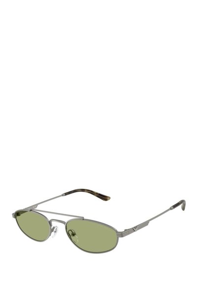 Lunettes de soleil en métal avec des verres ovales verts. Monture fine en argent avec des rayures subtiles, complétée par des branches à motif écaille.