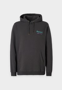 Schwarzer Hoodie aus weichem Stoff, mit einer Vordertasche und Kapuze mit Kordelzug. Auf der Brust ist der Text in Türkis und Lila gestickt.