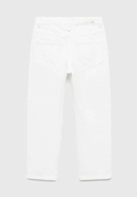 Jeans in denim bianco con gambe dritte, due tasche posteriori e una vita con passanti per cintura e un piccolo etichetta del marchio.